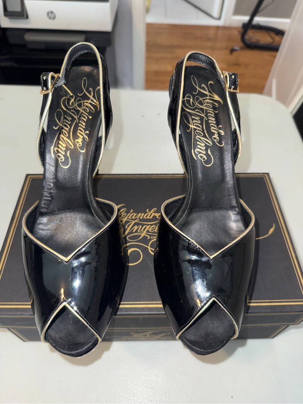 Alejandro Ingelmo Black Patent Slingback Heels with Gold Trim
